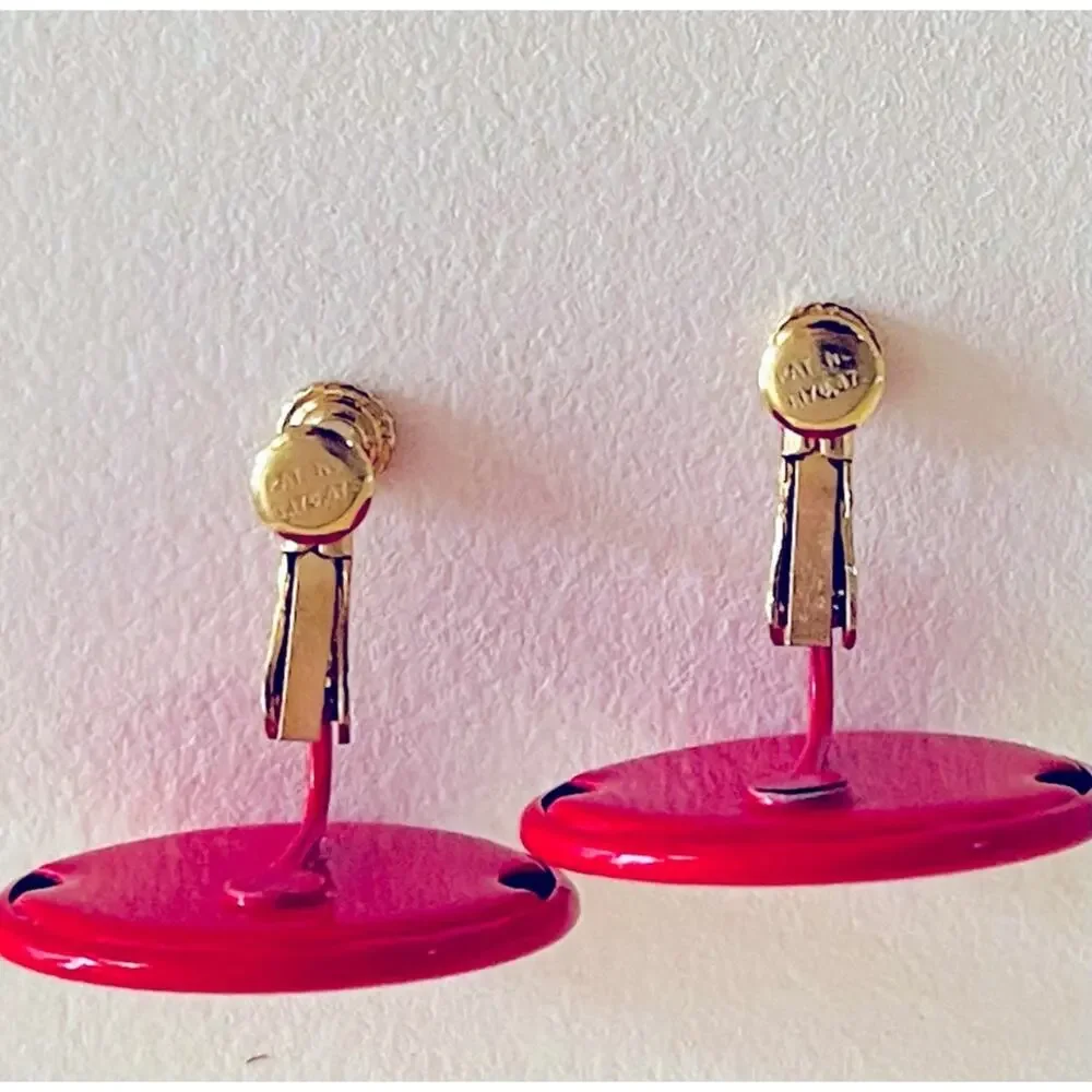 Vtg Red Mid-Century Modern Round Disc Screw-back Clip-on Earrings Dot Geometric